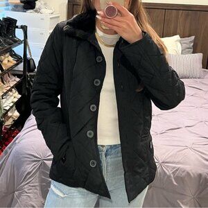 Tommy Hilfiger Black Puffer Quilted Jacket Faux Fur Collar Size Medium